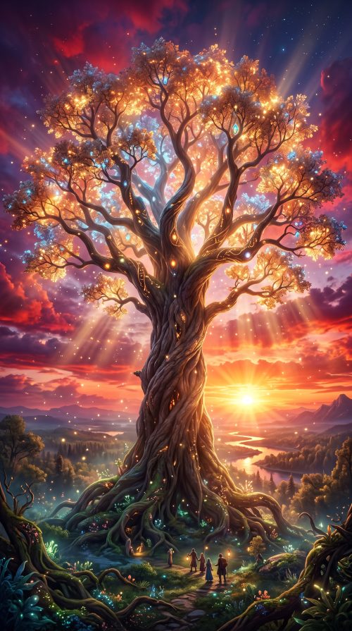 Giant_tree_glowing_branches_sunset_