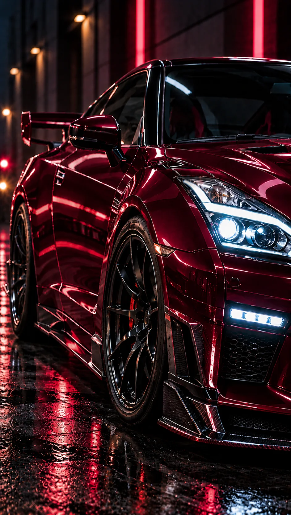 Neon Burgundy Supercar in the Rain