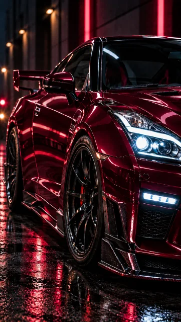 Neon Burgundy Supercar in the Rain