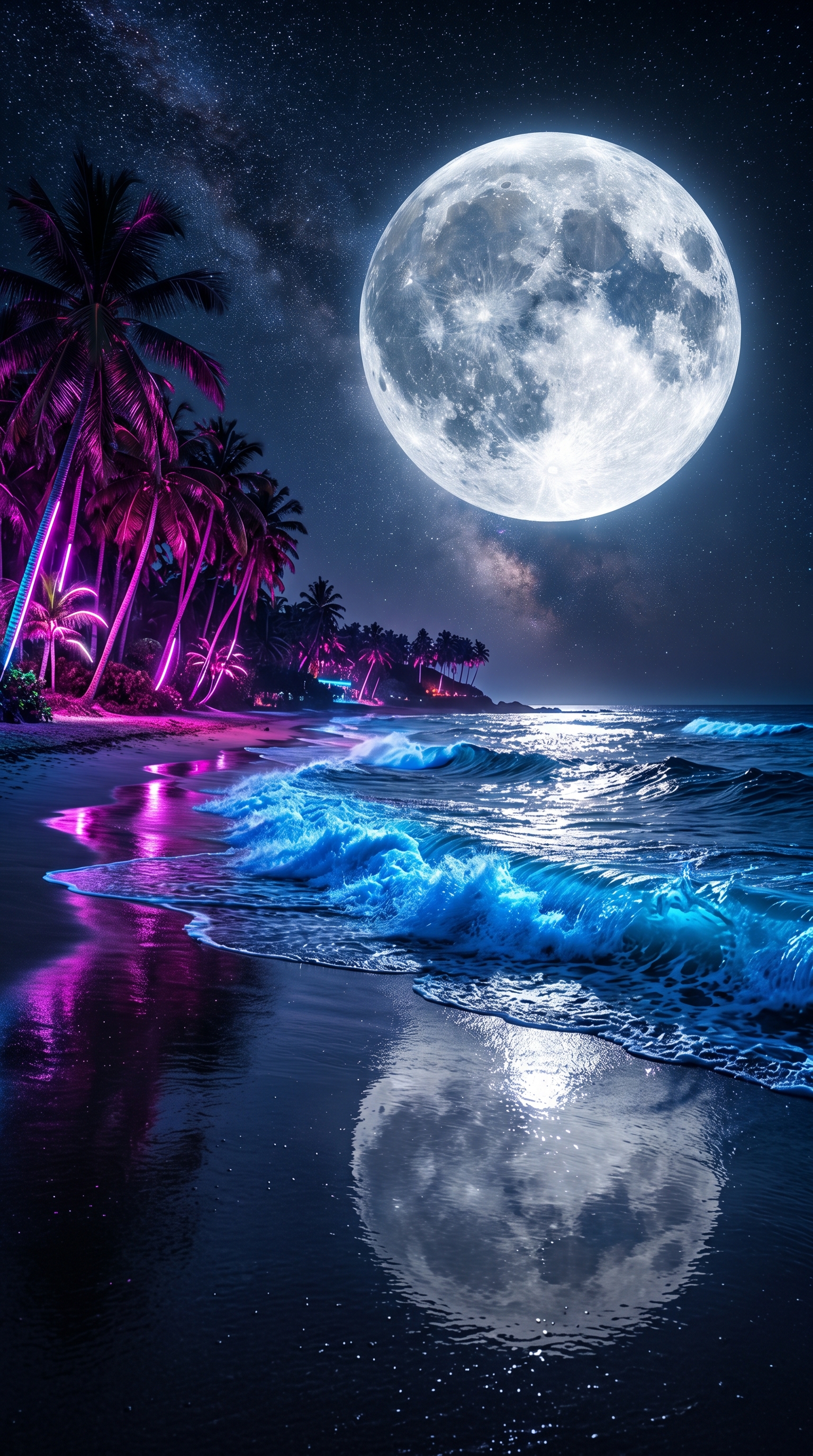 tropical neon beach at night